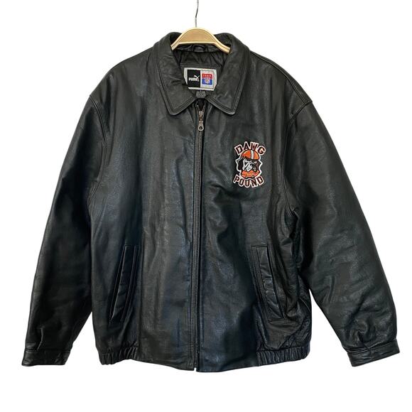 Puma Cleveland Browns Dawg Pound Mens Leather Jacket L Black VTG Y2K Grunge Edgy - Picture 2 of 14